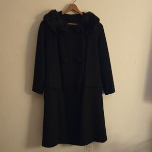 Black, Vintage Wool Dress Coat With Fur Collar.